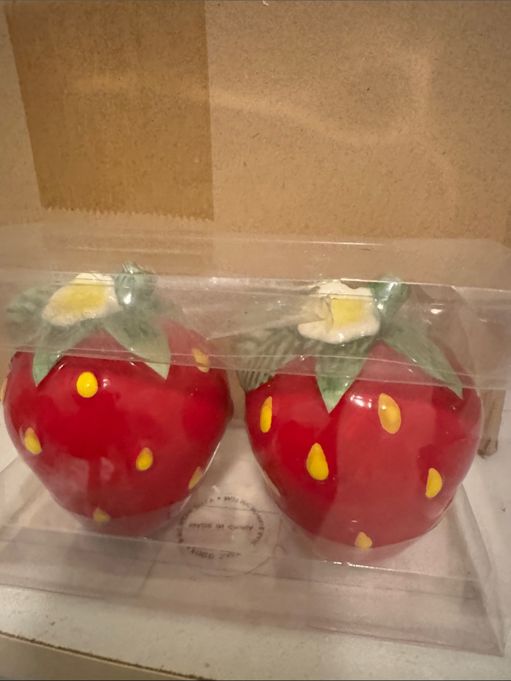 The Spring Shop Red Strawberry Ceramic Salt and Pepper Shakers with Green Tops